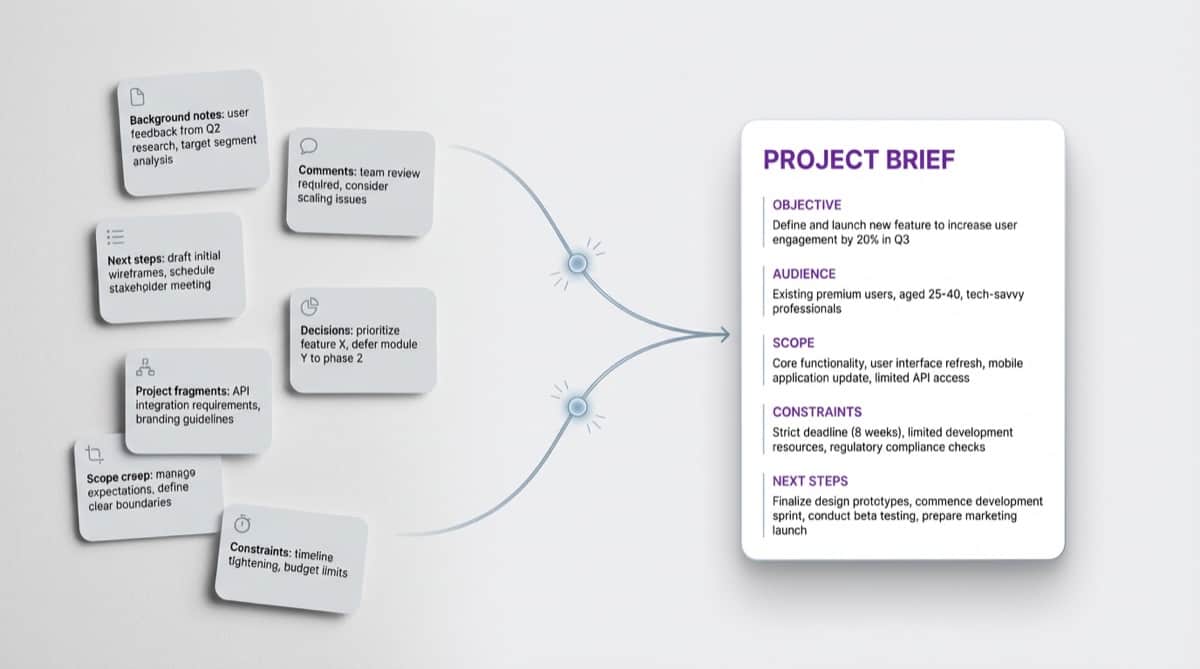 Editorial diagram showing scattered project context converging into a concise project brief with objective, audience, scope, constraints, and next steps.