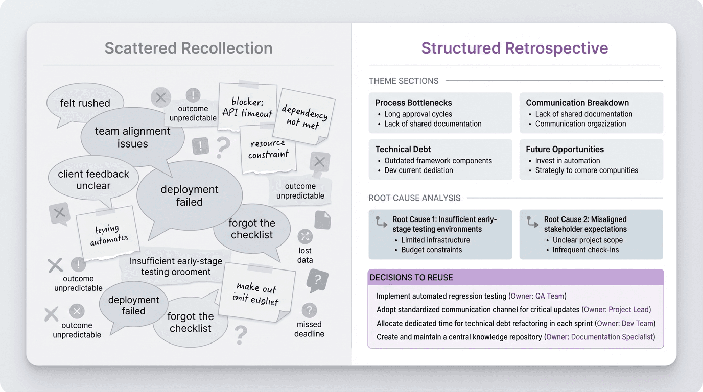 Comparison graphic showing scattered project recollections on one side and a structured retrospective with clear causes and reusable decisions on the other.