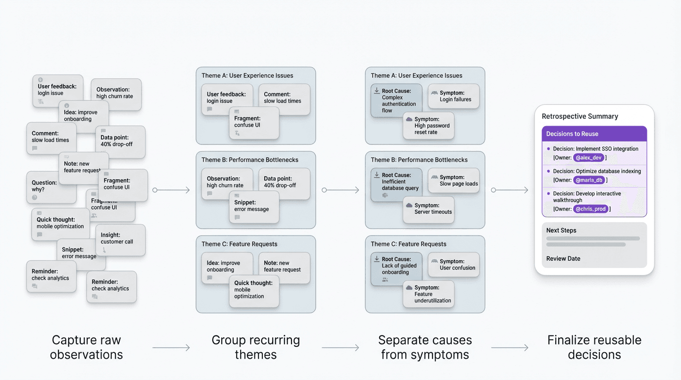 Process visual showing startup teams moving from raw notes and comments through theme grouping and cause analysis into a finished project retrospective with reusable decisions.