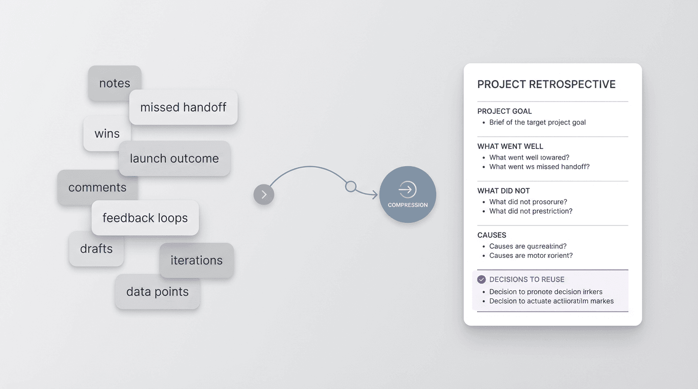 Editorial diagram showing messy project memories, decisions, and outcomes compressed into a clean retrospective with goals, wins, misses, causes, and reusable decisions.