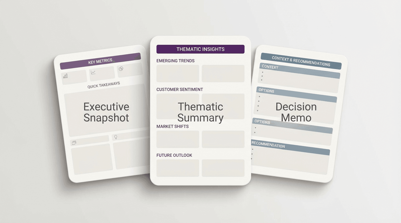 Editorial diagram showing three research summary formats arranged as reusable document cards: executive snapshot, thematic summary, and decision memo.