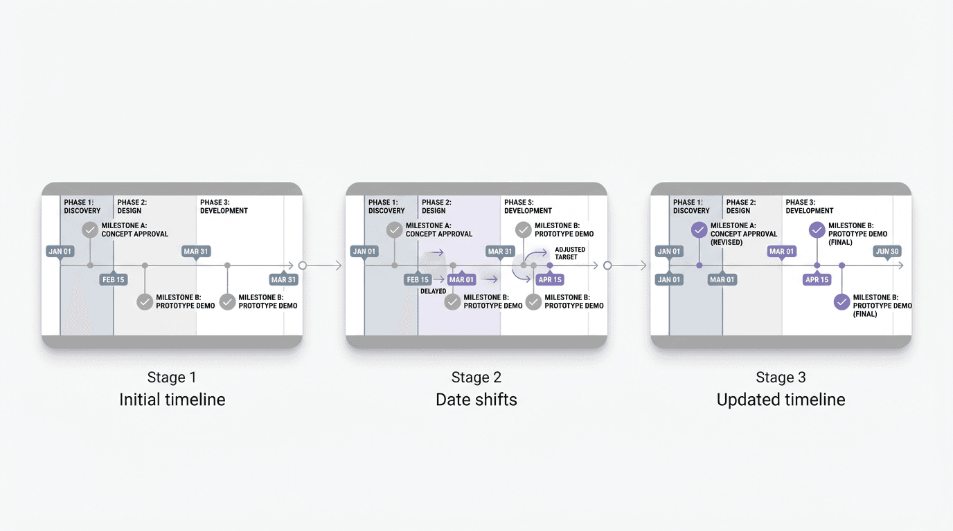 Process visual showing a project timeline moving through revisions as dates and milestones change, while staying readable and structured.