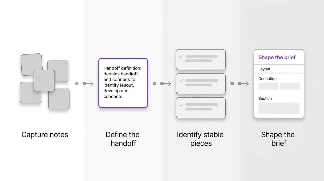Four-step process graphic showing notes capture, handoff definition, stable pieces, and final brief structure.