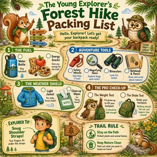 The Young Explorer’s Forest Hike Packing List, a infographic created in FormaLM.